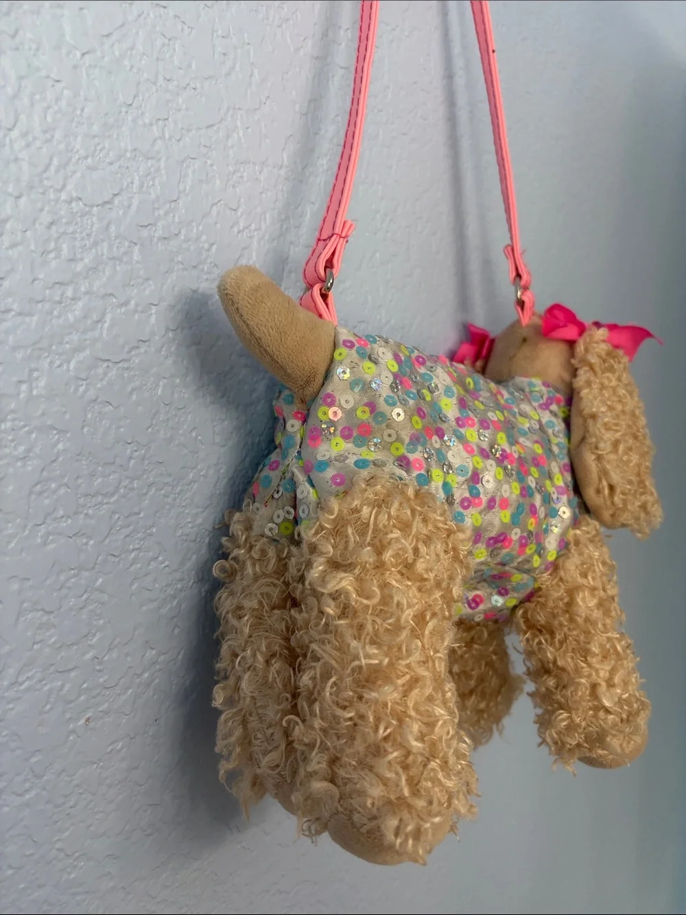 Poochie & Co Sequin Puppy Crossbody Bag with Pink Strap